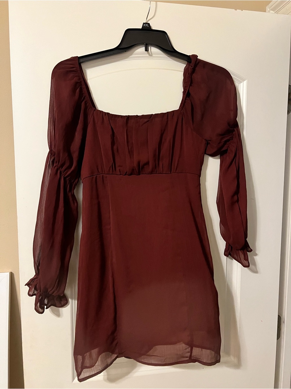 Sheer Long-Sleeve Burgundy Mini Dress